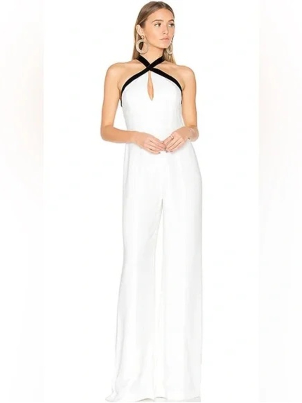 Alexis Molly Jumpsuit Womens Small white Black Velvet Trim Keyhole Wide Leg